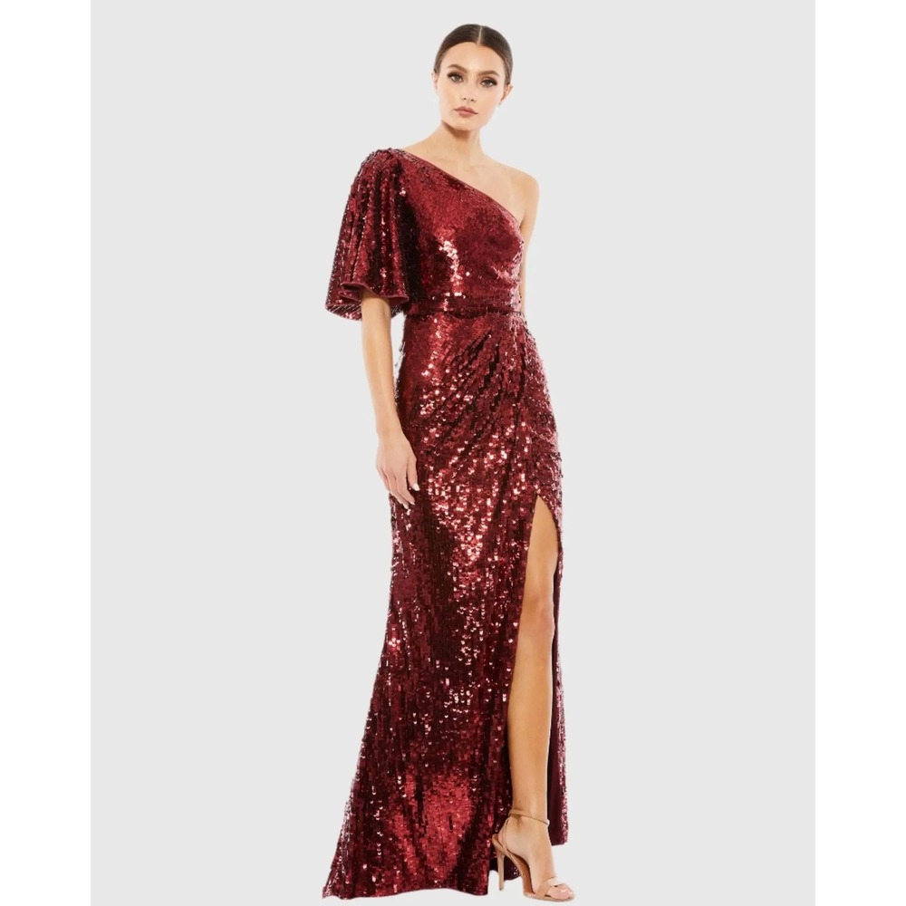 Mac Duggal 93540 Burgundy Sequin One Shoulder Gown Maxi Dress‎ Size 6 NEW